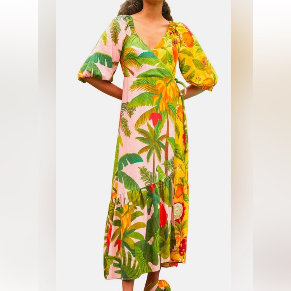 Farm Rio wrap dress with puff sleeves - M - EUC